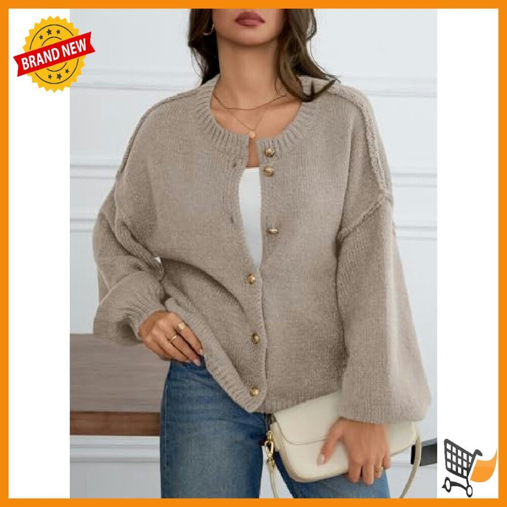 Oversized Chunky Knit Cardigan with Lantern Sleeves - Fall Winter Sweater - Picture 4 of 8